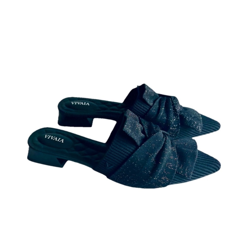 New Vivaia Black Textile Bow Point Toe Rubber Outsole Mules size EUR 39, US 8.5